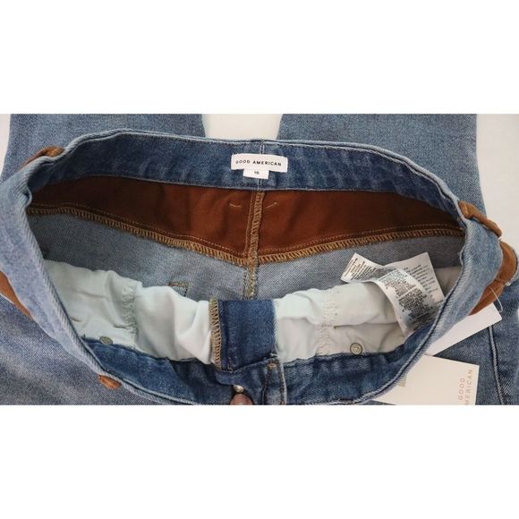 Good American Women's Sz 15 Indigo Good Legs Tan Suede Mixing Skinny Jeans $155 - Picture 5 of 9
